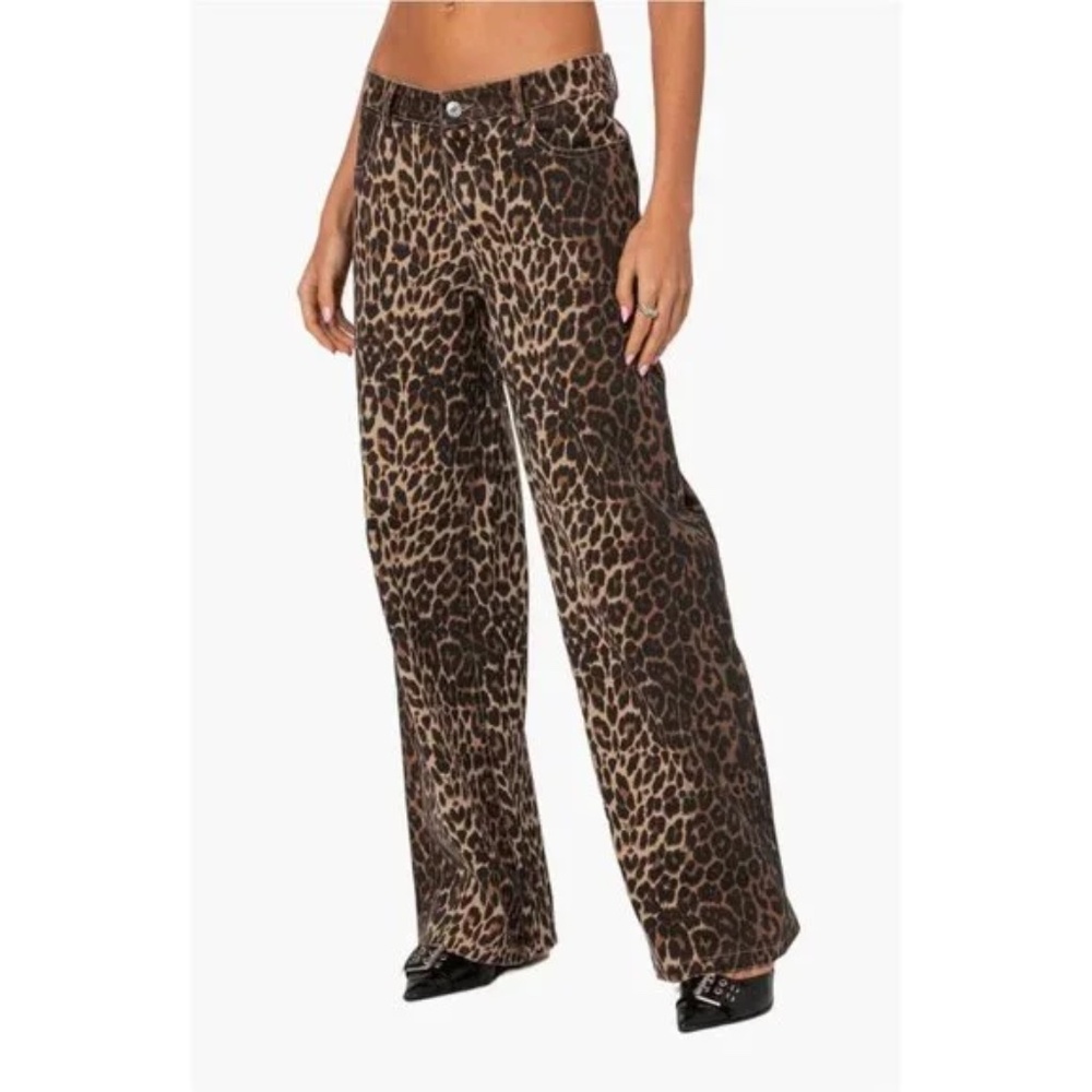 Edikted Animal Print Jeans Cheetah Leopard Print Wide Leg Baggy Jeans Medium - Picture 4 of 9